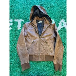 Please Leather Bomber‎ Jacket Womens XS Brown Good Hooded Made in Italy Zip Up